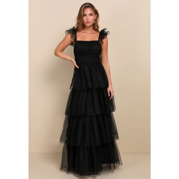 Lulus Dresses & Skirts - Lulus Tulle For Love Black Mesh Tulle Tiered Ruffled Maxi Dress NWT XXL